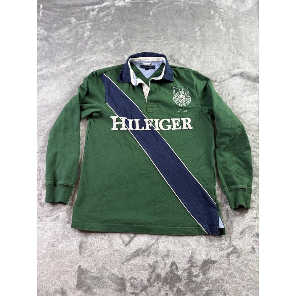 Tommy Hilfiger Rugby Polo Mens S Green Striped Long Sleeve Embroidered Crest